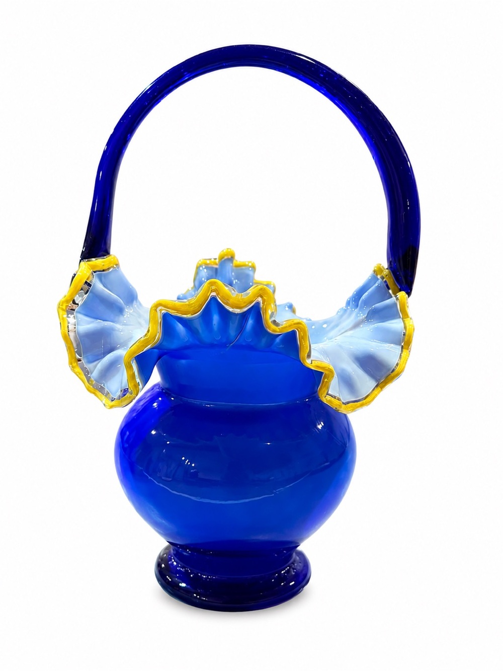 Murano Style Art Glass Basket Vase Blue White Yellow Hand Blown Crystal 13” NWT